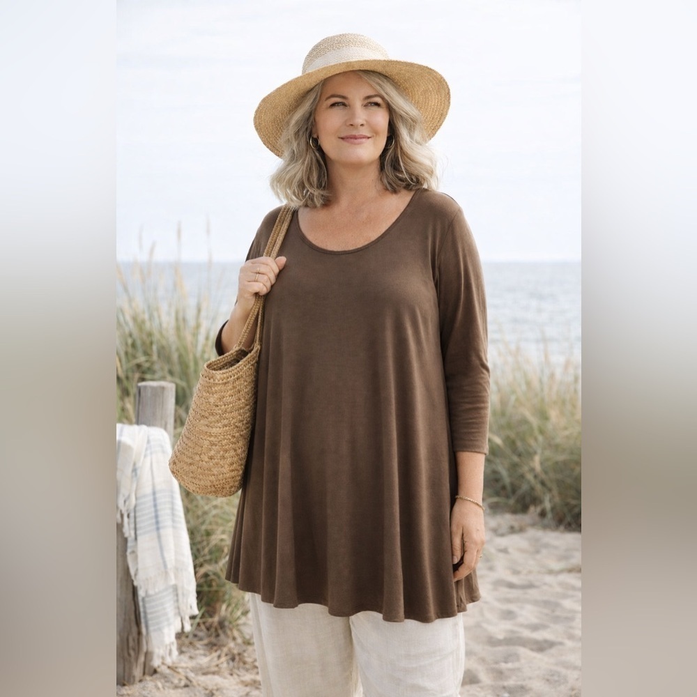 Lolly Wolly Doodle Womens Tunic Top XXL Taupe Stretch Jersey Knit Long Sleeve